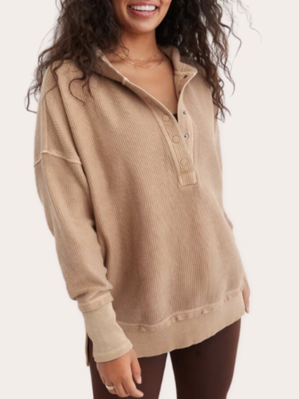 Aerie - Textured Quarter Snap Tan Rib Henley Hoodie Long Sleeve Pullover - XL